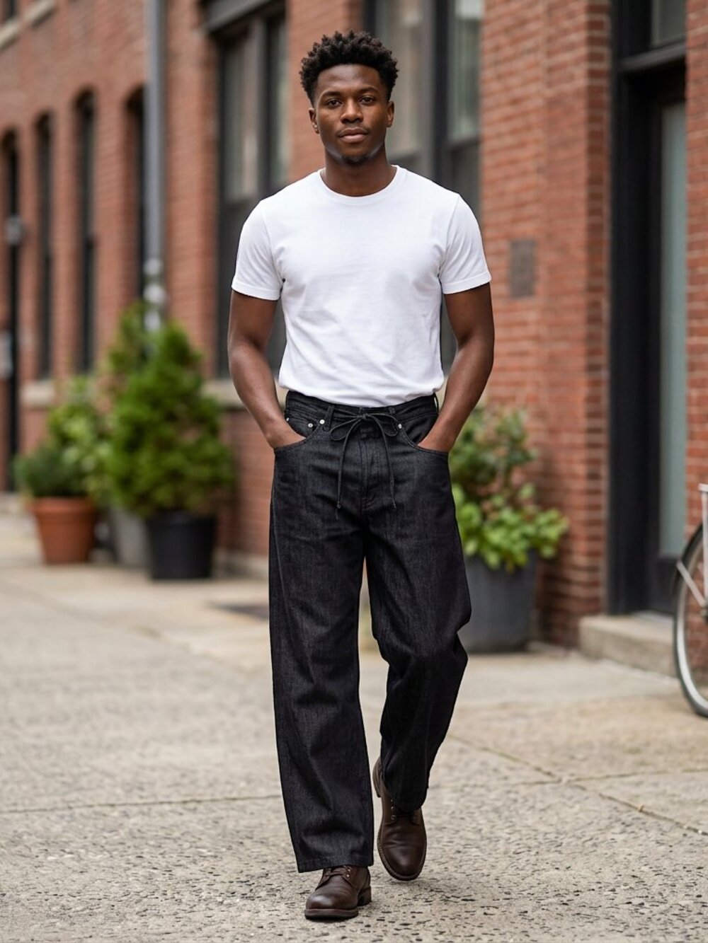 Zara Men Black Denim Wide Leg Tie Front Jeans - Size 31